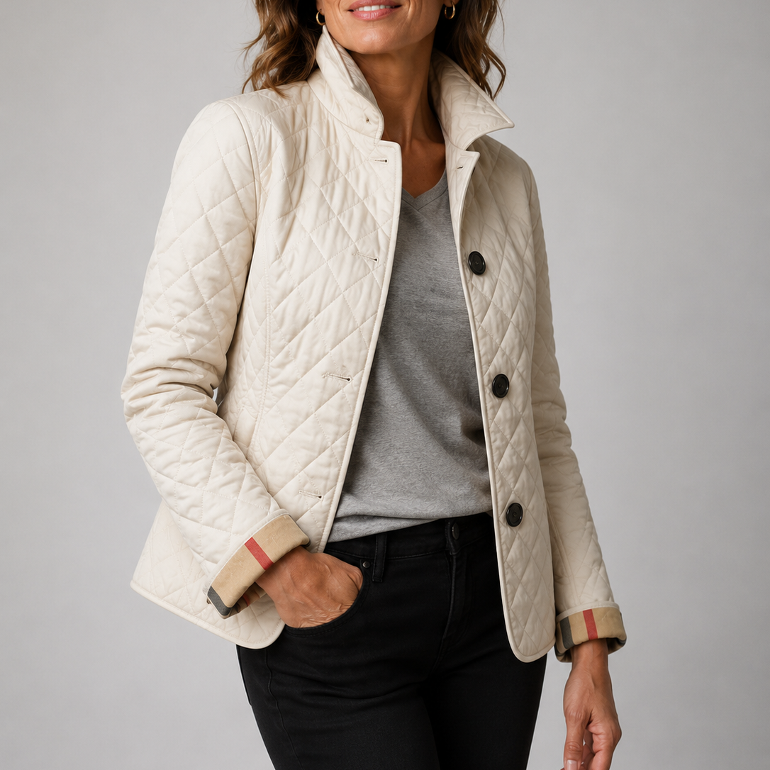 Women's diamond-quilted jacket with stand collar, long sleeves and button front
