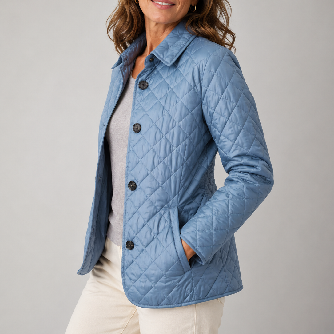Women's diamond-quilted jacket with stand collar, long sleeves and button front
