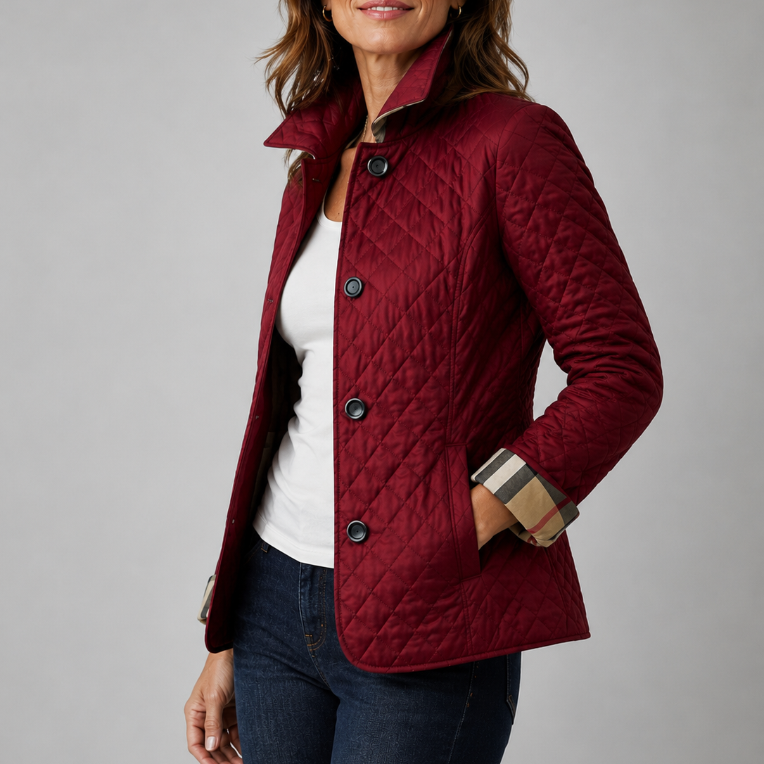 Women's diamond-quilted jacket with stand collar, long sleeves and button front