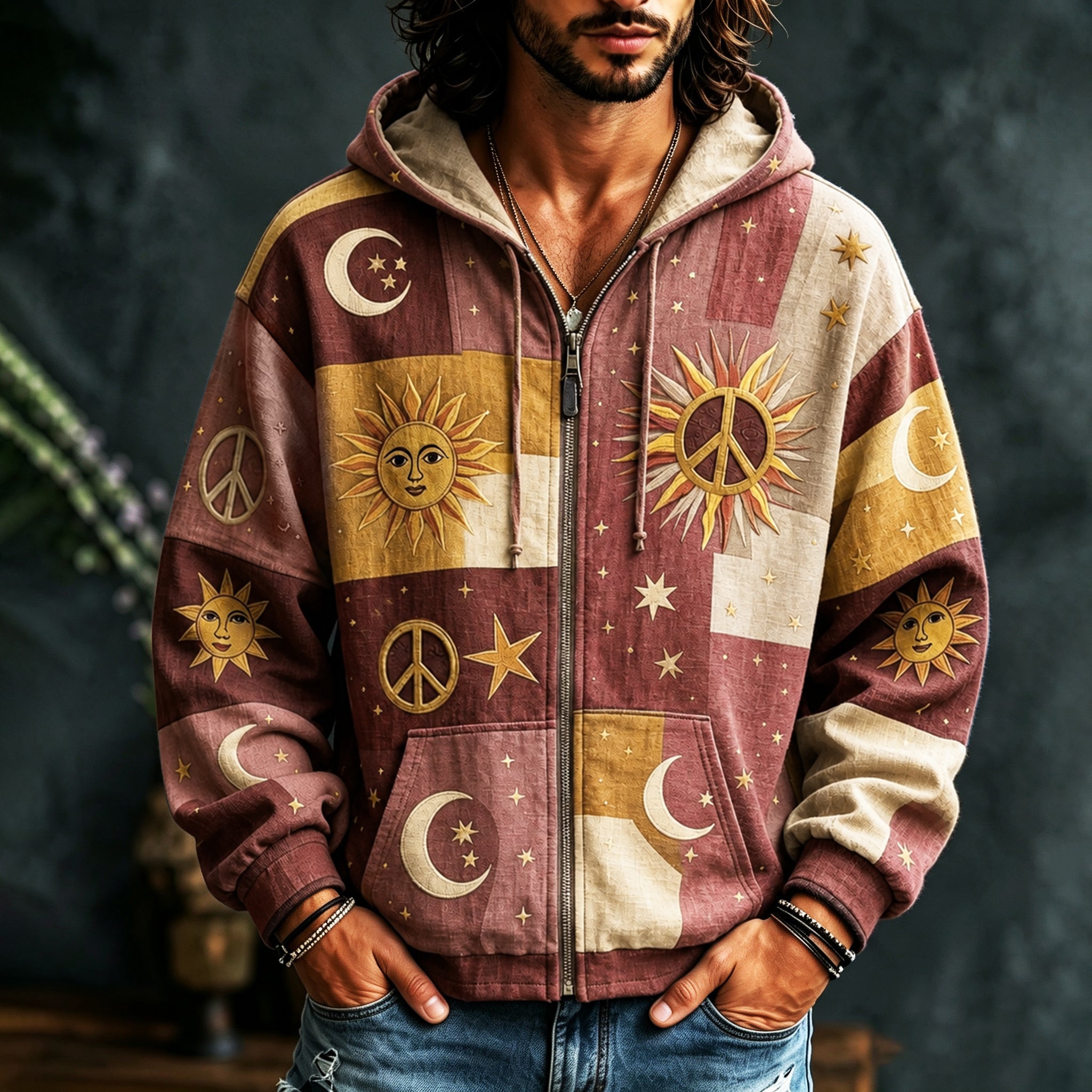 Men's multicoloured patchwork zip hoodie with sun, moon, star and peace motifs