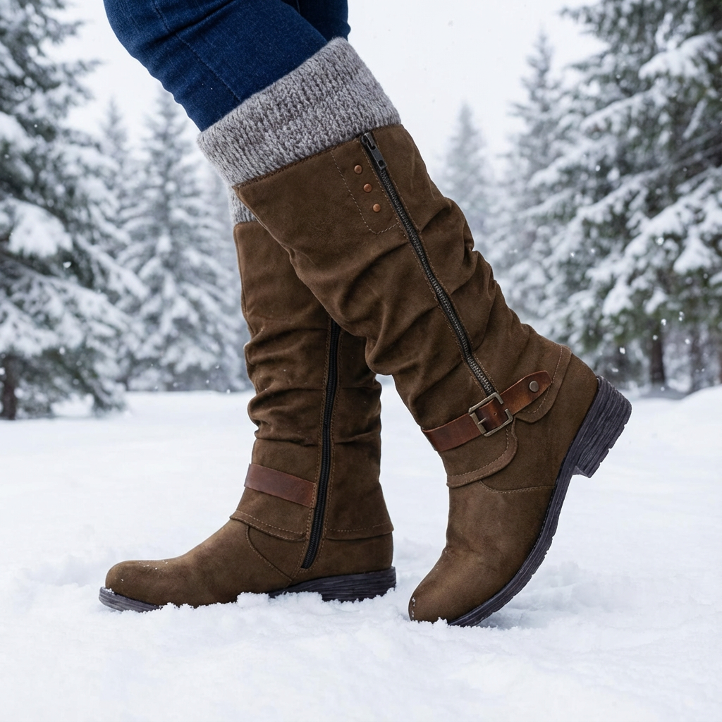 Women's slouch knee-high boots with side zips and buckle straps