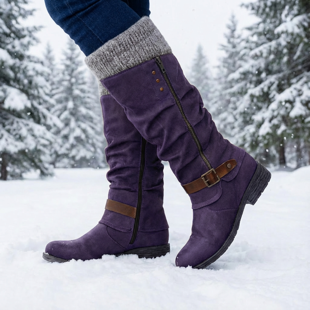 Women's slouch knee-high boots with side zips and buckle straps
