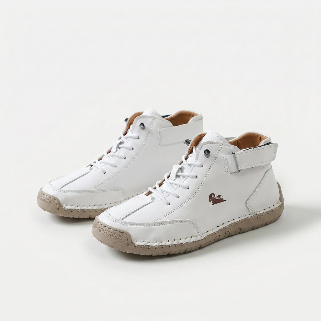 High-top lace-up sneakers with ankle straps and moc toes