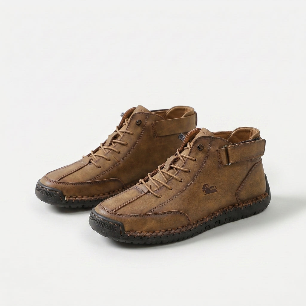 High-top lace-up sneakers with ankle straps and moc toes