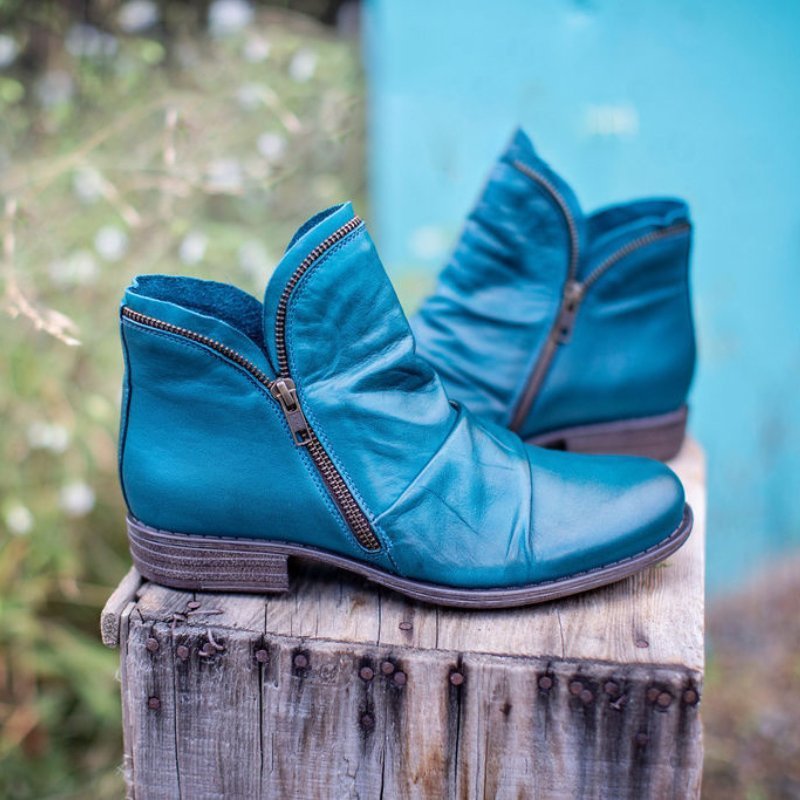 Women's Leather Ankle Boot Ruched Side Zip - Blue
