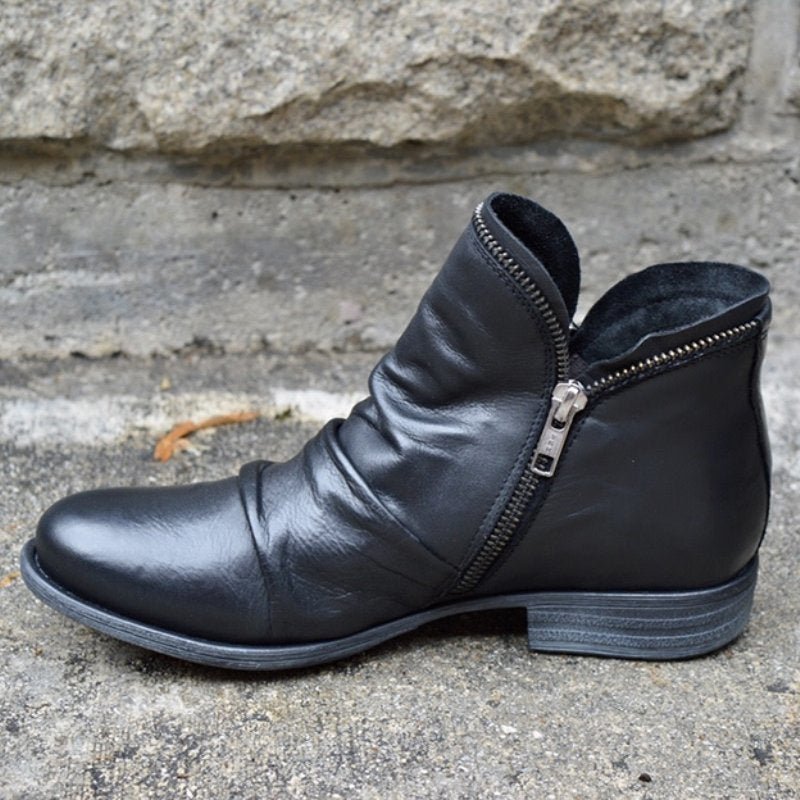 Women's Leather Ankle Boot Ruched Side Zip - Black
