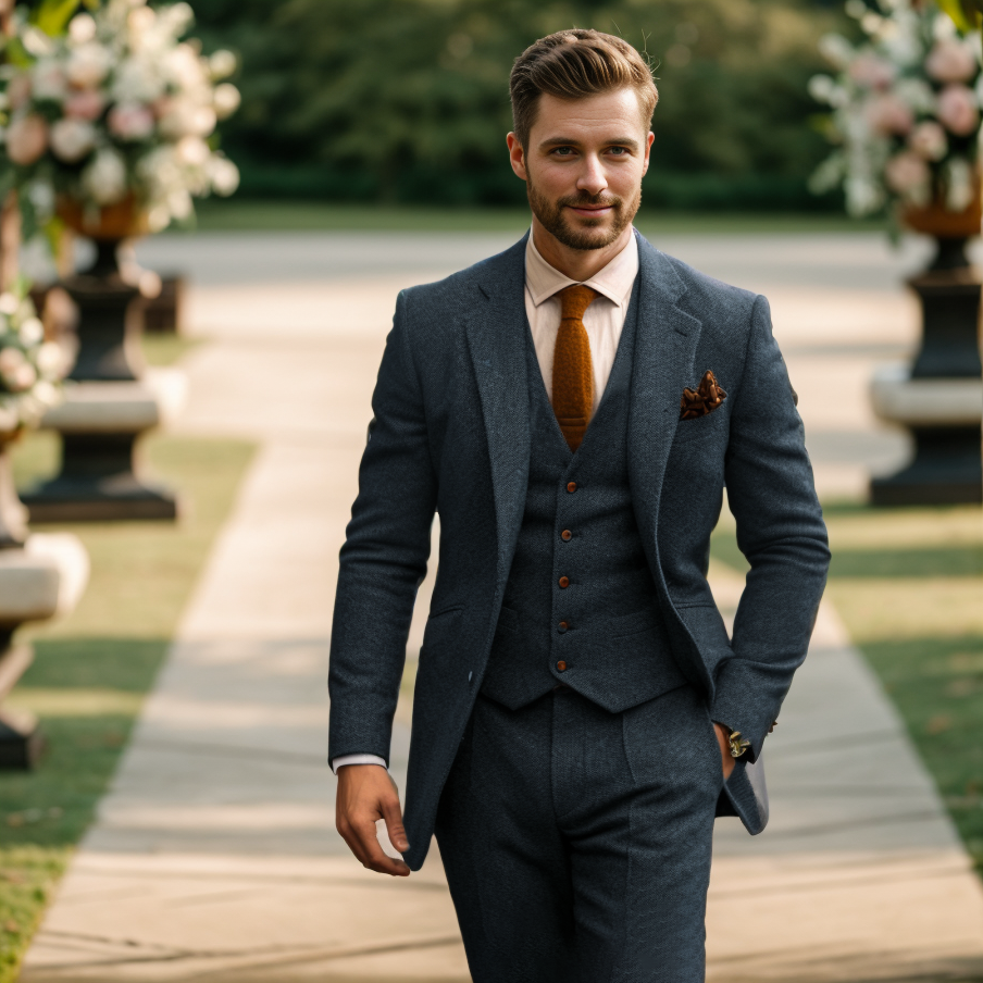 Men's three-piece textured suit with notch lapels, waistcoat and matching trousers