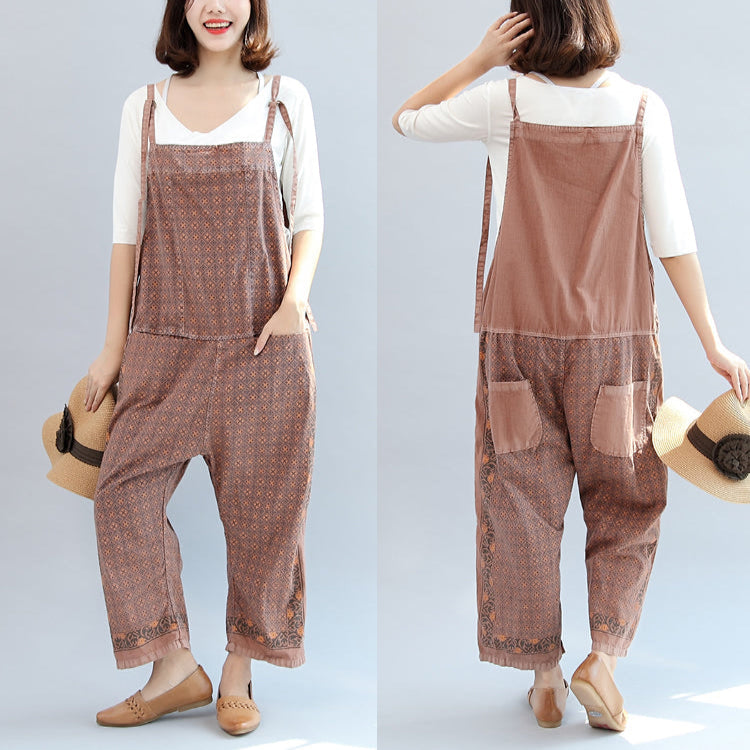 Women's geometric bib jumpsuit with adjustable straps and cropped trousers