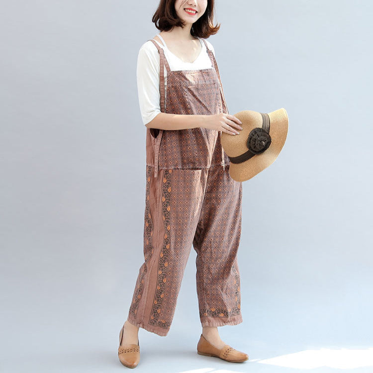 Women's geometric bib jumpsuit with adjustable straps and cropped trousers
