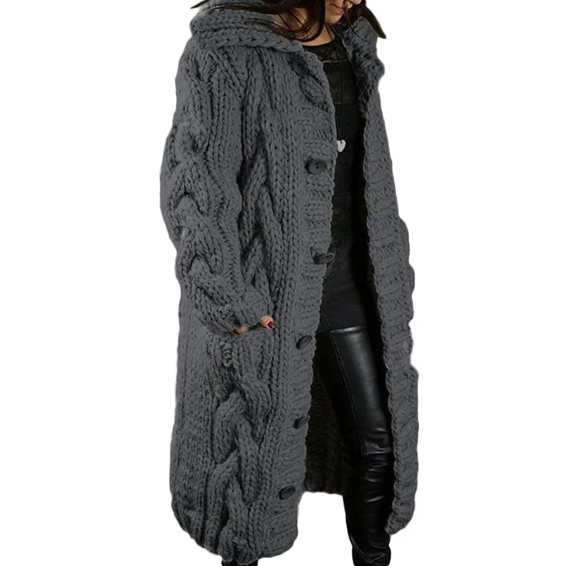 Women's chunky cable knit hooded longline cardigan with button front