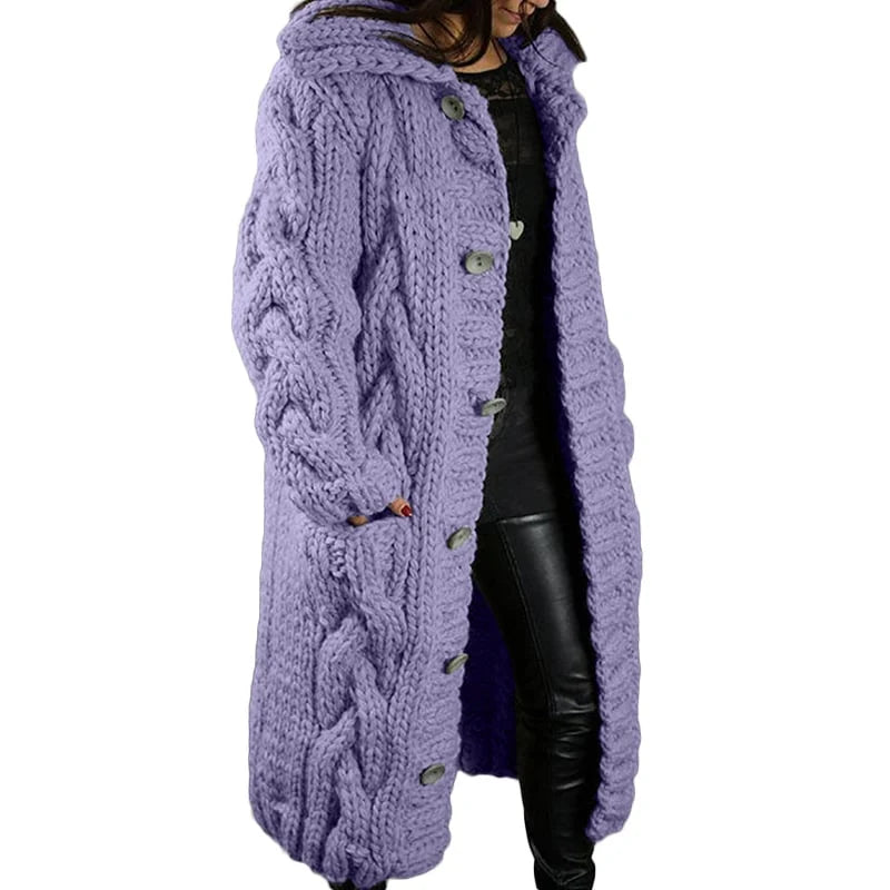 Women's chunky cable knit hooded longline cardigan with button front