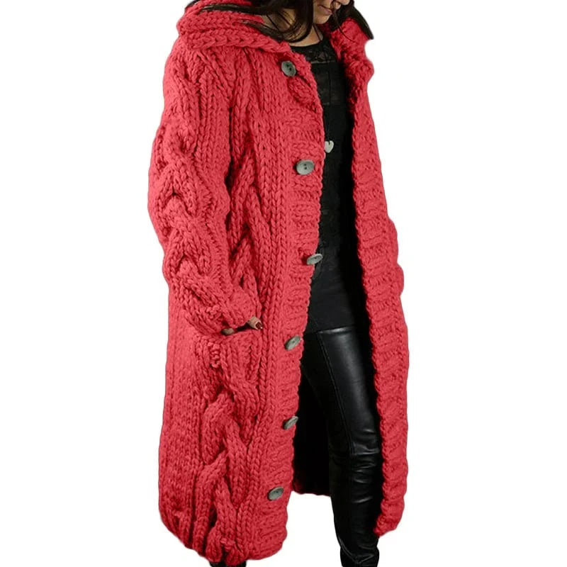 Women's chunky cable knit hooded longline cardigan with button front