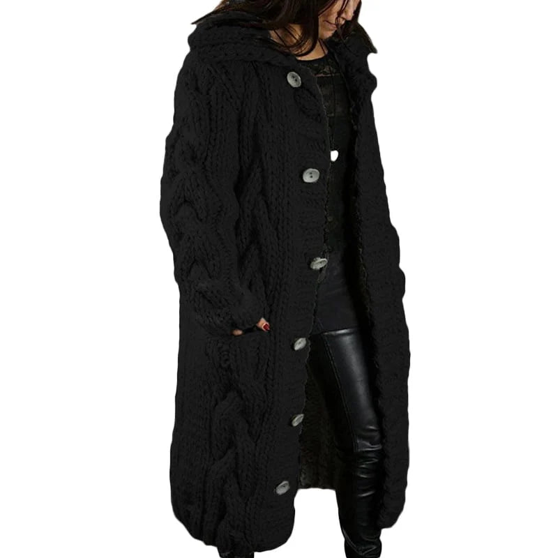 Women's chunky cable knit hooded longline cardigan with button front