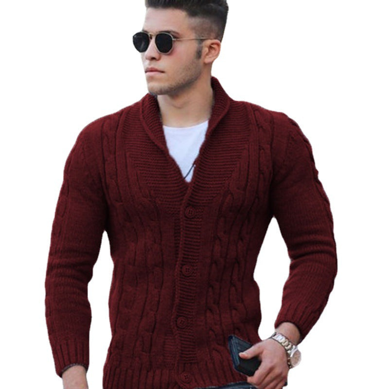 Men's textured cable knit cardigan with shawl collar, button front and pockets