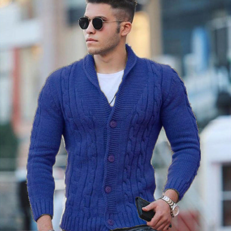 Men's textured cable knit cardigan with shawl collar, button front and pockets