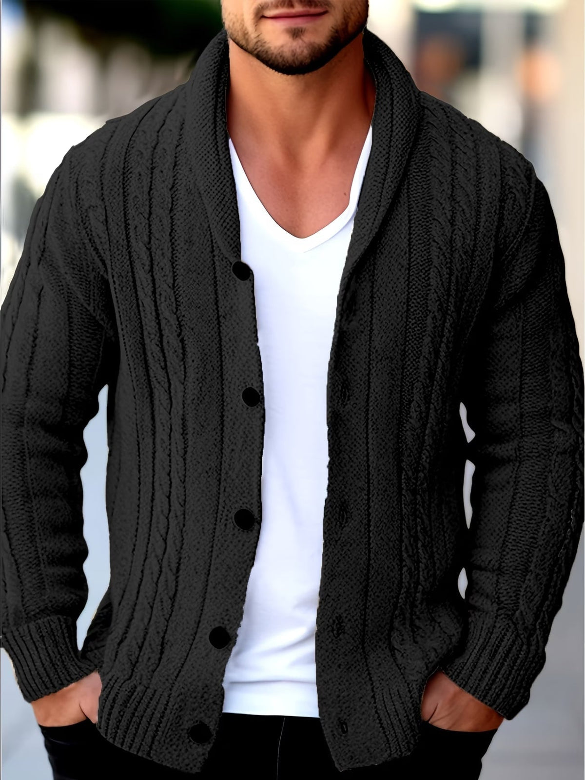 Men's textured cable knit cardigan with shawl collar, button front and pockets