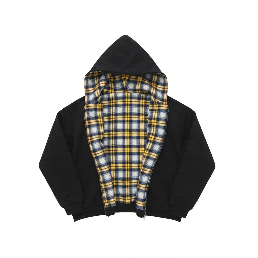 Unisex reversible hoodie jacket with plain and checked sides