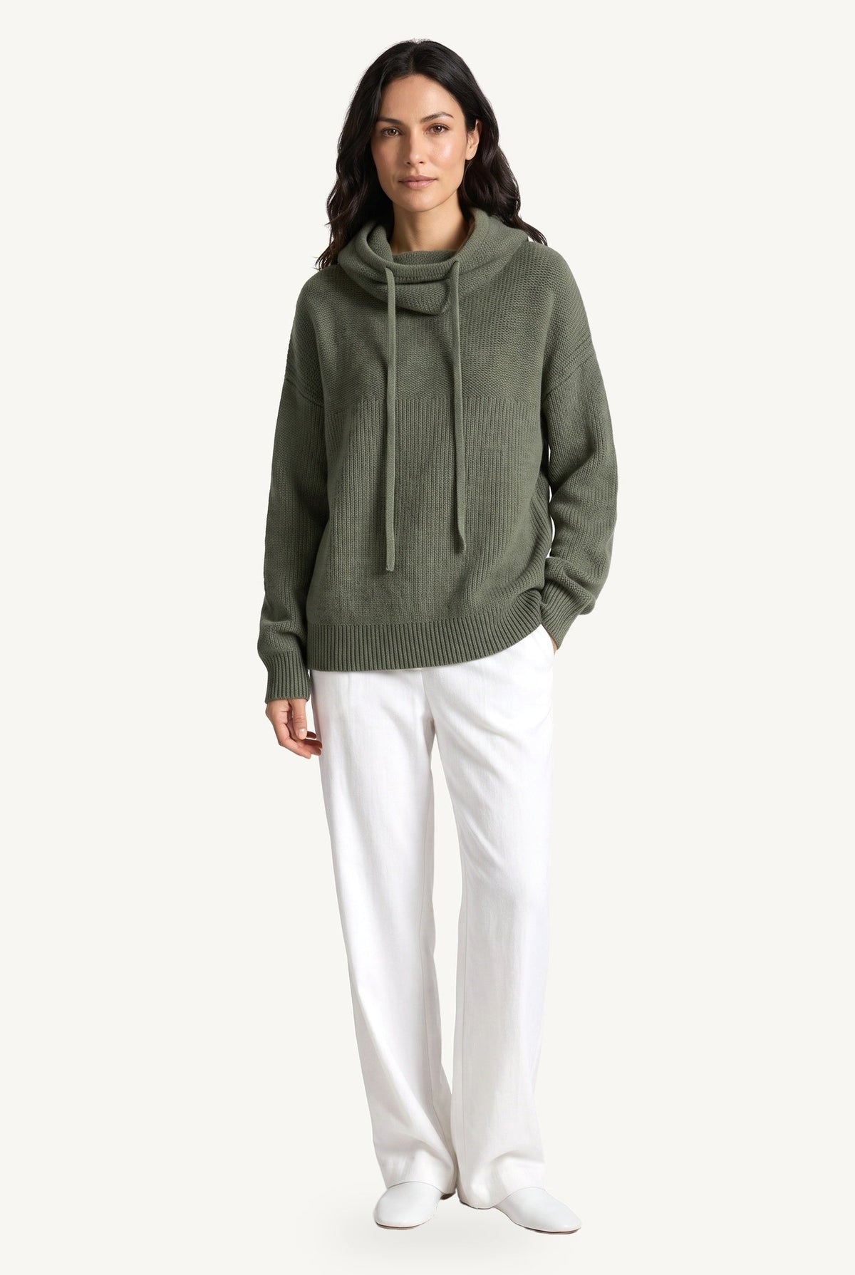 Women's knitted hoodie with cowl hood, drawstrings, long sleeves and ribbed trims