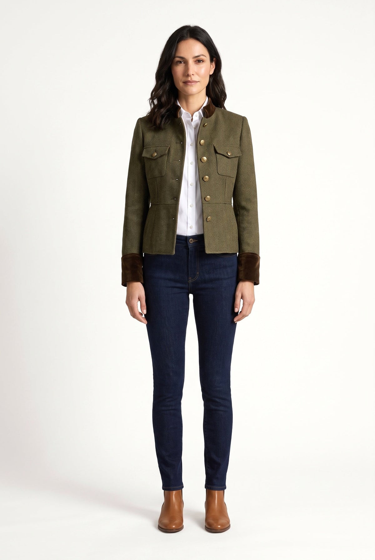 Women's olive herringbone tweed blazer with brown velvet trim and button front