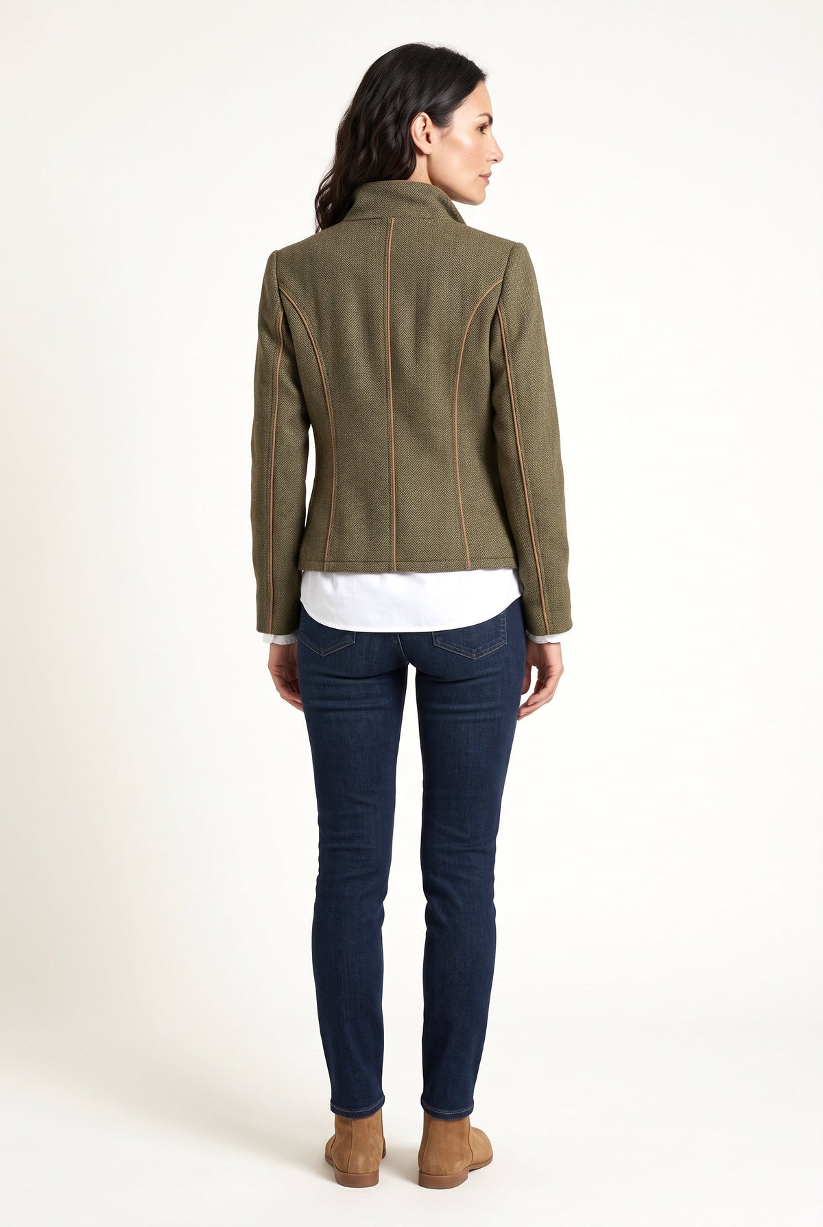 Women's olive herringbone tweed blazer with brown velvet trim and button front