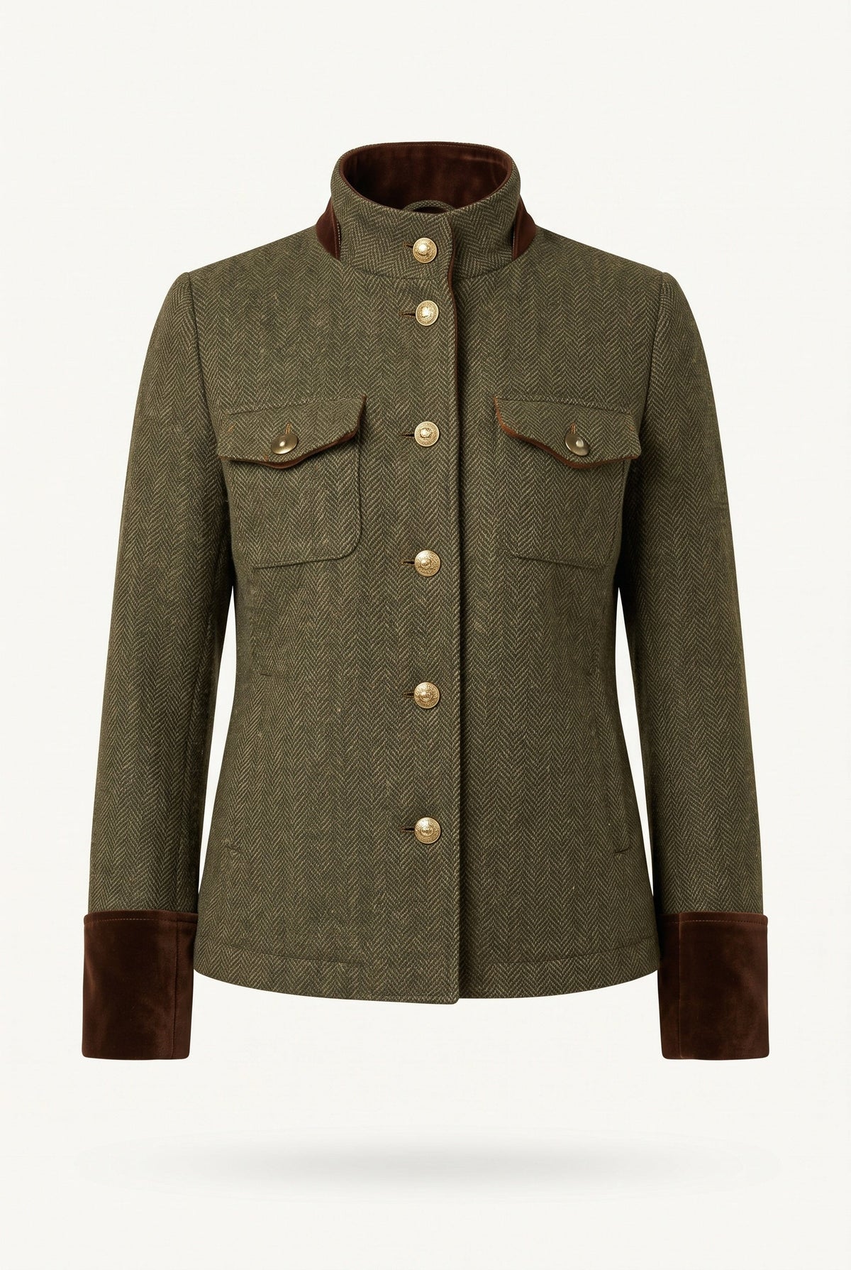 Women's olive herringbone tweed blazer with brown velvet trim and button front