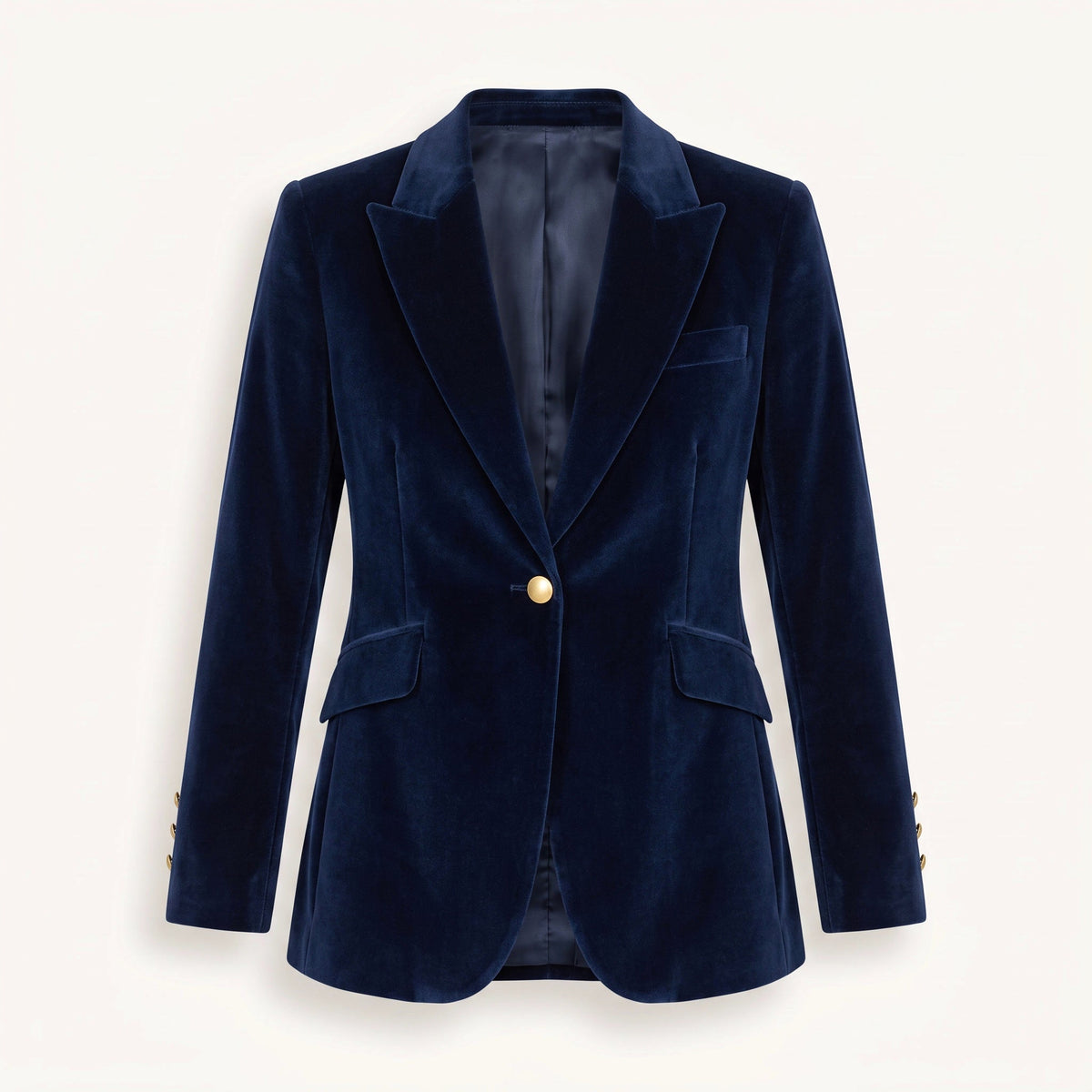 Women's navy velvet blazer with notched lapels, long sleeves and flap pockets