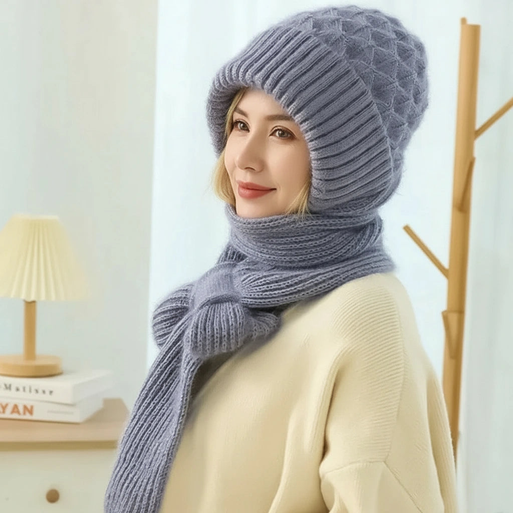Women's ribbed winter hat and scarf set with ear-covering hat and long scarf