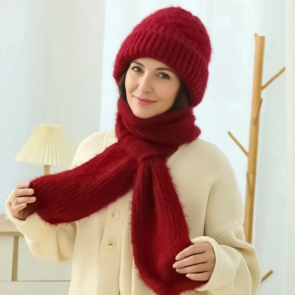 Women's ribbed winter hat and scarf set with ear-covering hat and long scarf