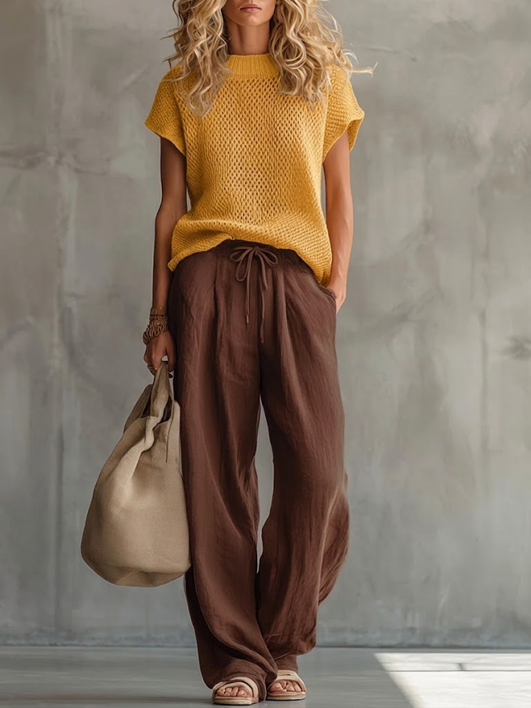 Woman wearing a knitted short-sleeve top with wide-leg drawstring trousers