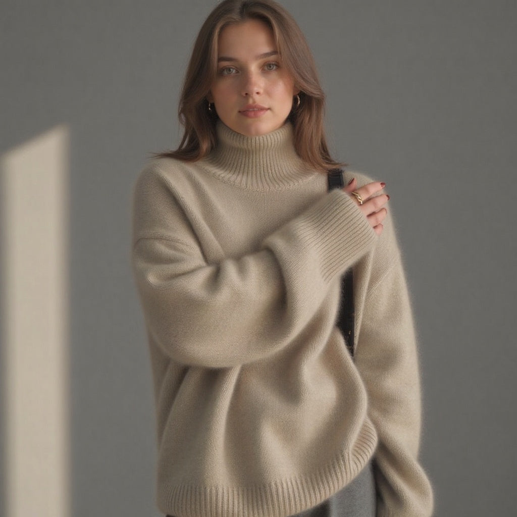 Women's oversized roll neck jumper with long sleeves and ribbed trims