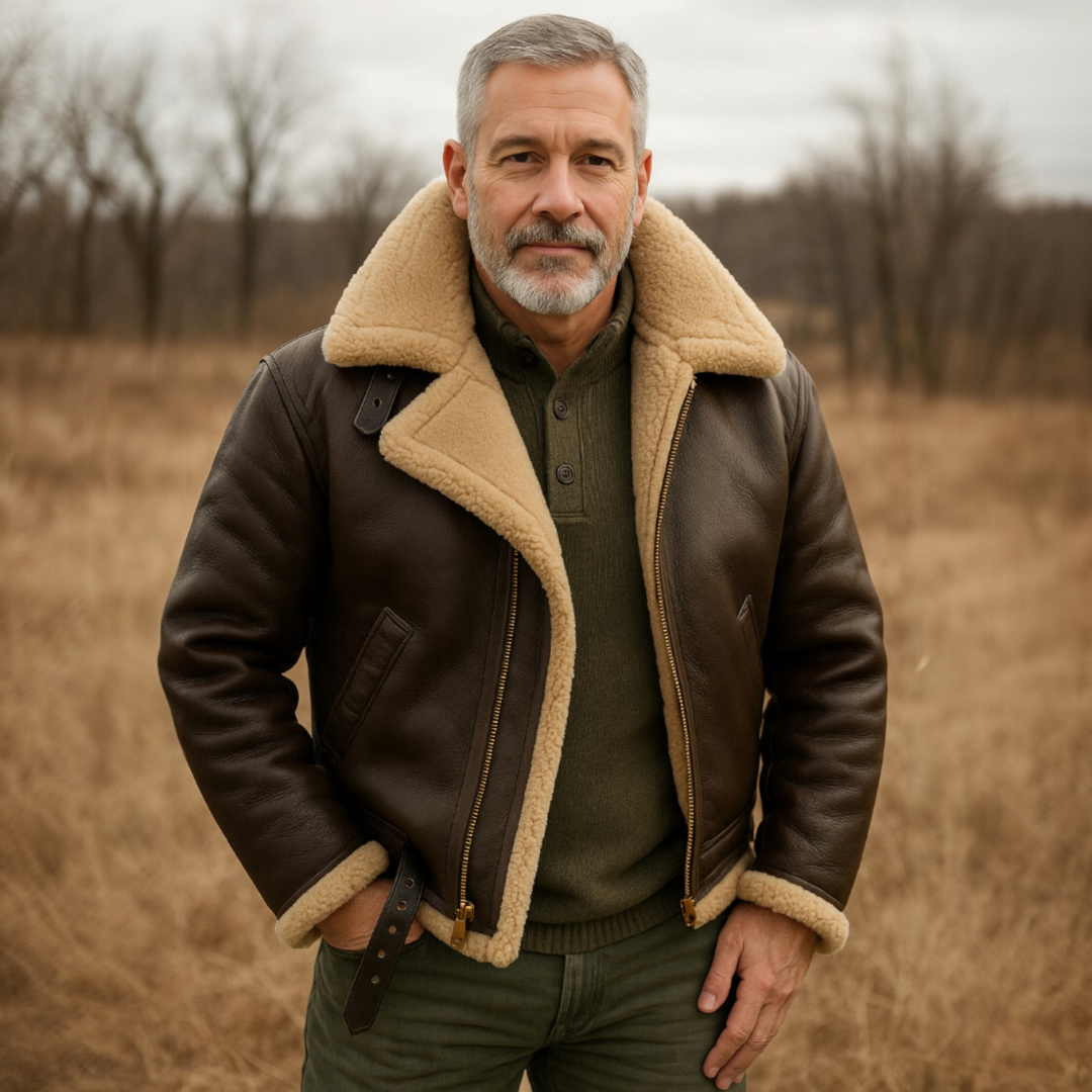Men's dark brown aviator jacket with cream textured collar and trims