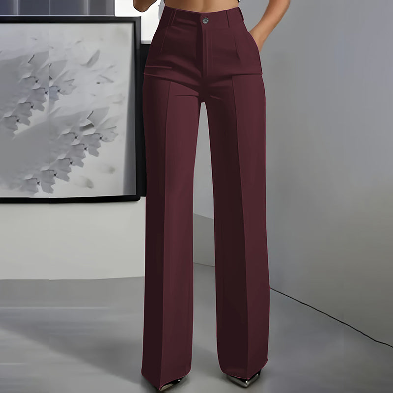 Women's high-waisted wide-leg suit trousers with front pockets and tailored panel detailing