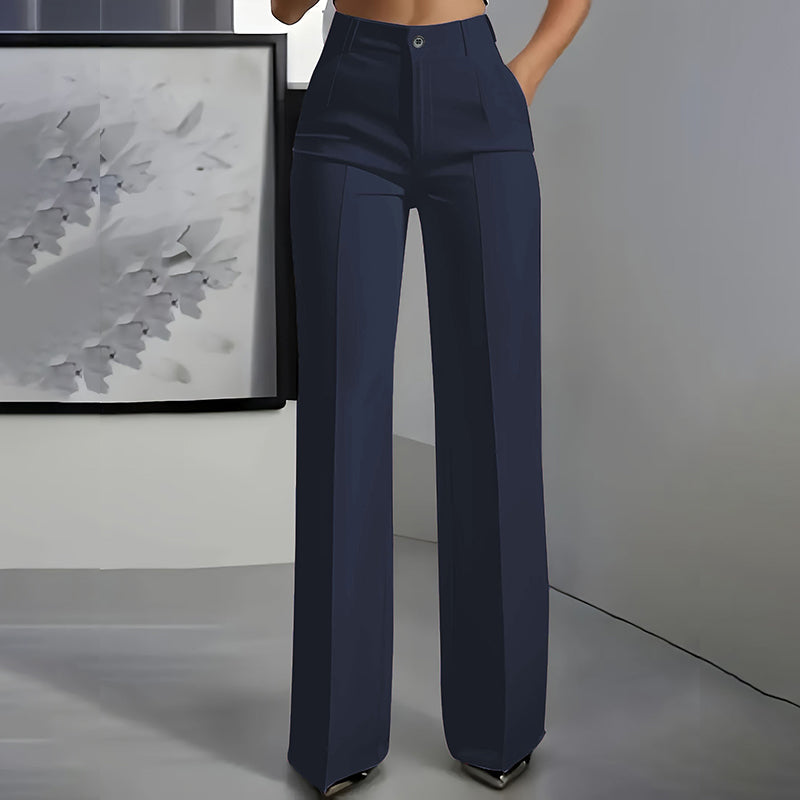 Women's high-waisted wide-leg suit trousers with front pockets and tailored panel detailing