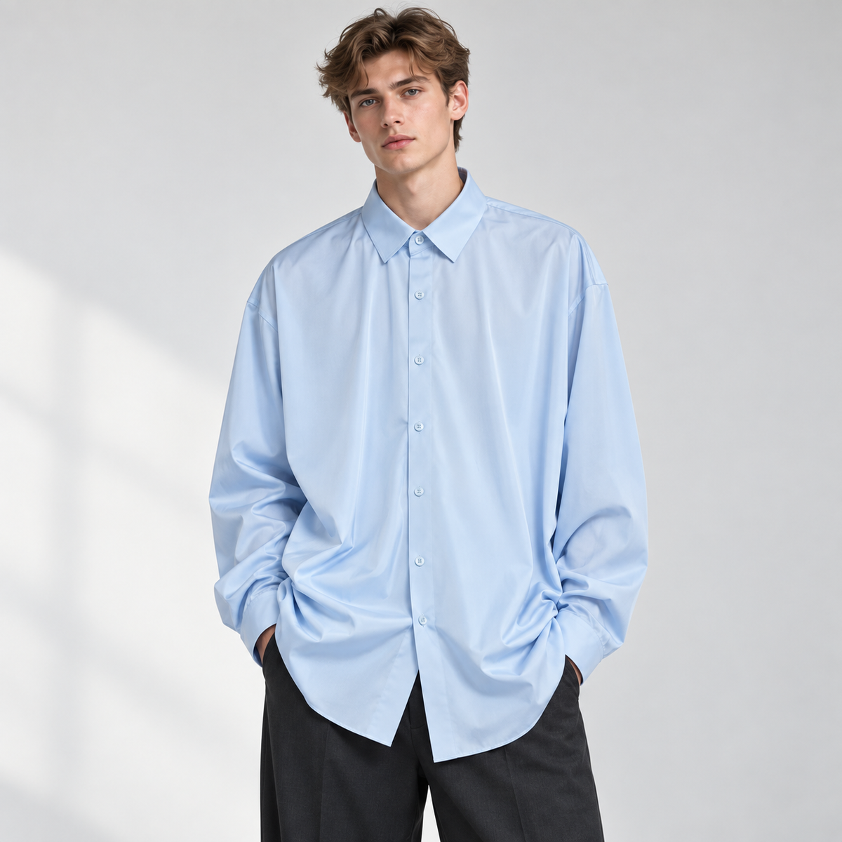 Men's slim fit long sleeve shirt with classic collar and button front