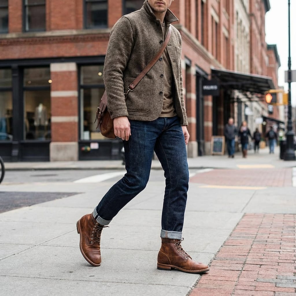 Men's vintage brown lace-up ankle boots with rounded toes and low heels