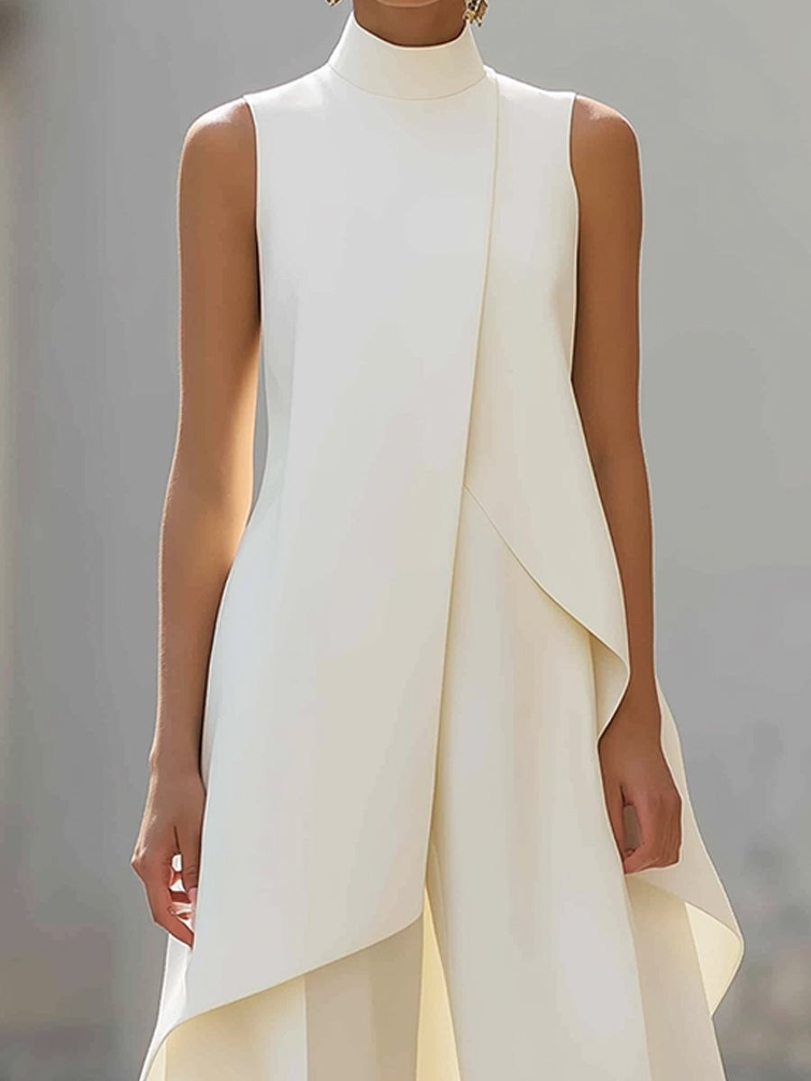 Women's sleeveless asymmetric mock neck top with wide-leg trousers