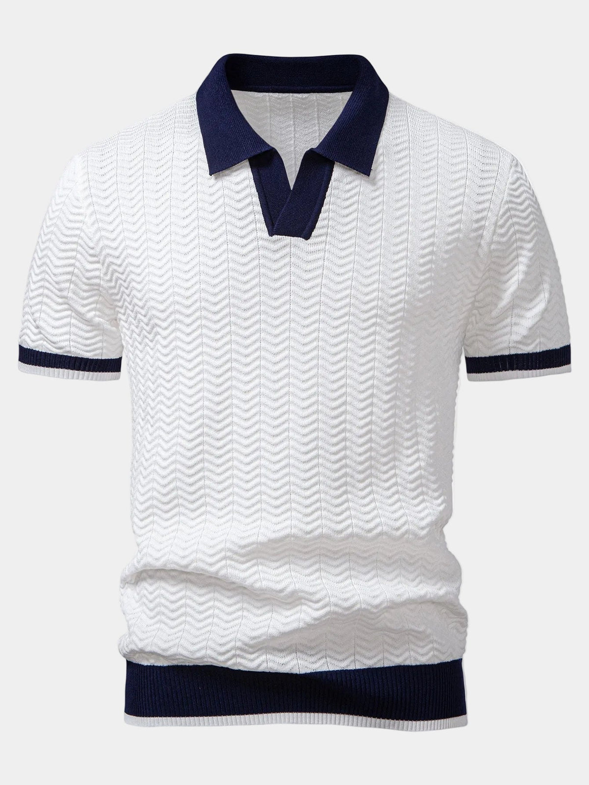 Men's short-sleeved textured knit polo shirt with contrast collar and ribbed trims