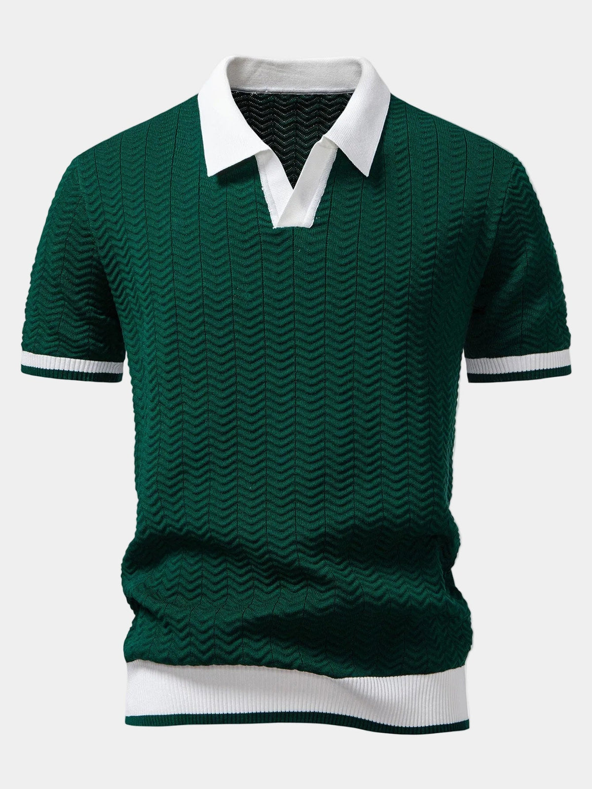 Men's short-sleeved textured knit polo shirt with contrast collar and ribbed trims