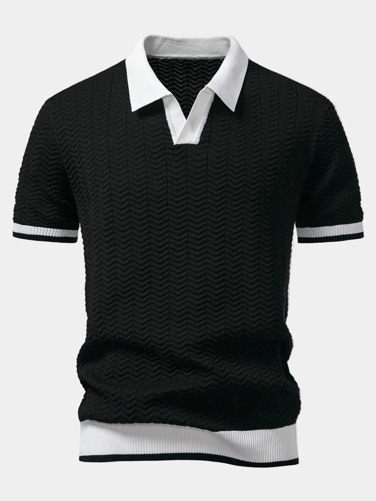 Men's short-sleeved textured knit polo shirt with contrast collar and ribbed trims