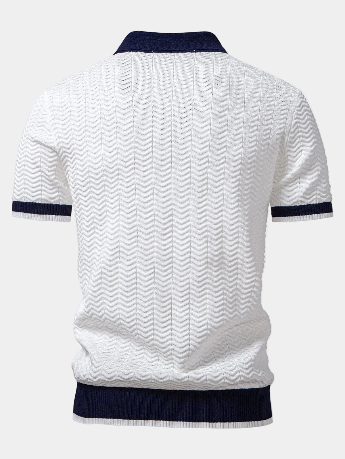 Men's short-sleeved textured knit polo shirt with contrast collar and ribbed trims