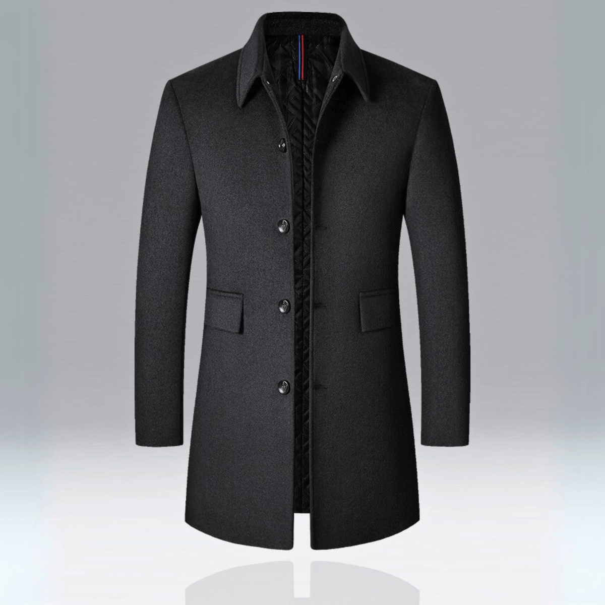 Men's tailored long coat with notched collar, button front and flap pockets