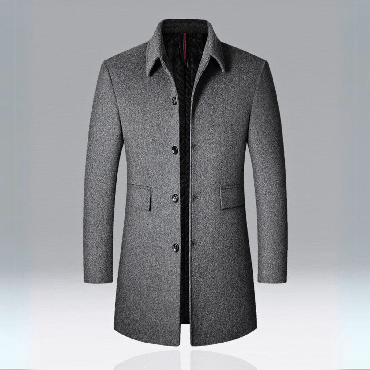 Men's tailored long coat with notched collar, button front and flap pockets