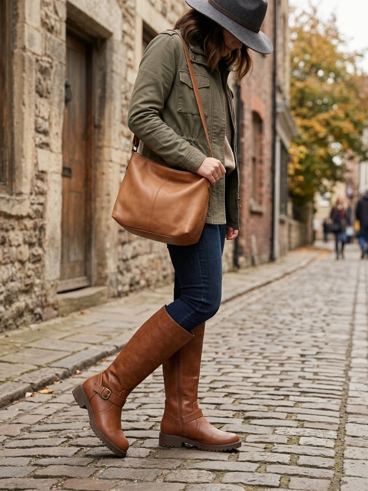 Women's knee-high boots with side zip and ankle buckle strap