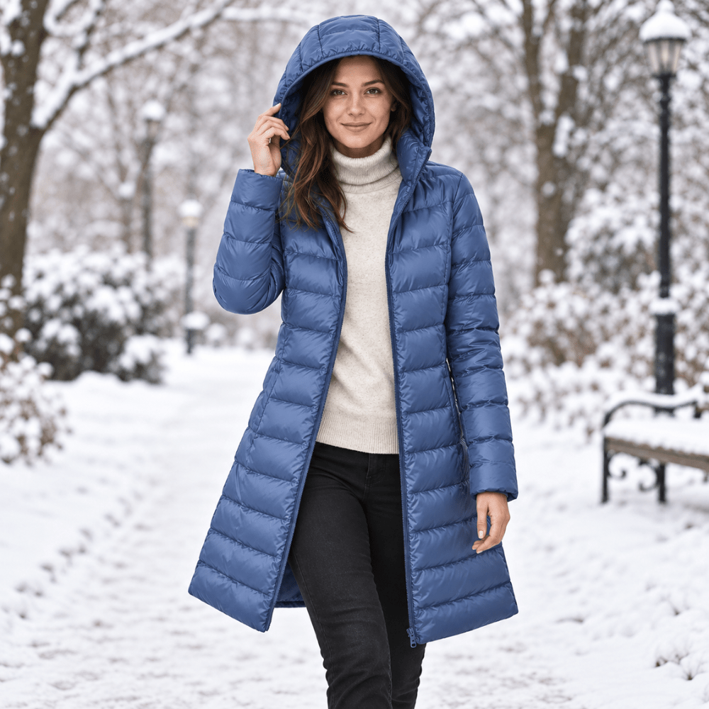 Women's longline quilted puffer coat with hood and zip front