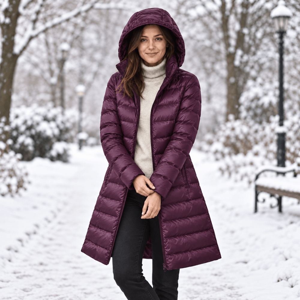 Women's longline quilted puffer coat with hood and zip front