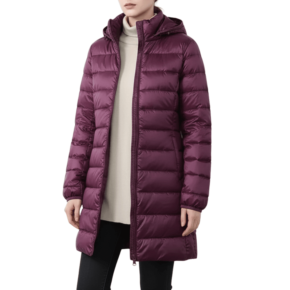 Women's longline quilted puffer coat with hood and zip front