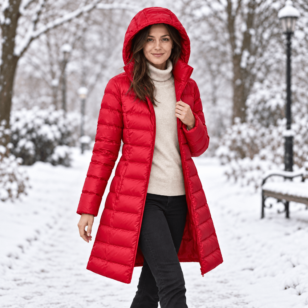 Women's longline quilted puffer coat with hood and zip front