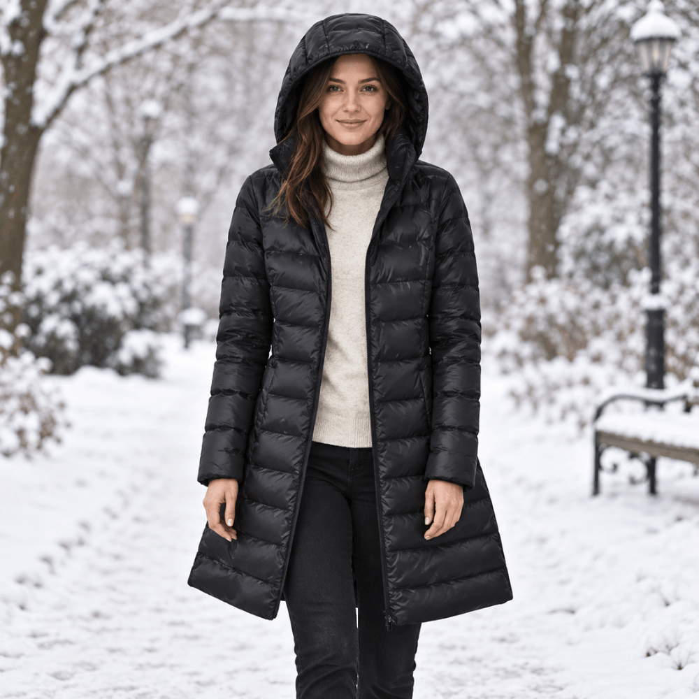 Women's longline quilted puffer coat with hood and zip front