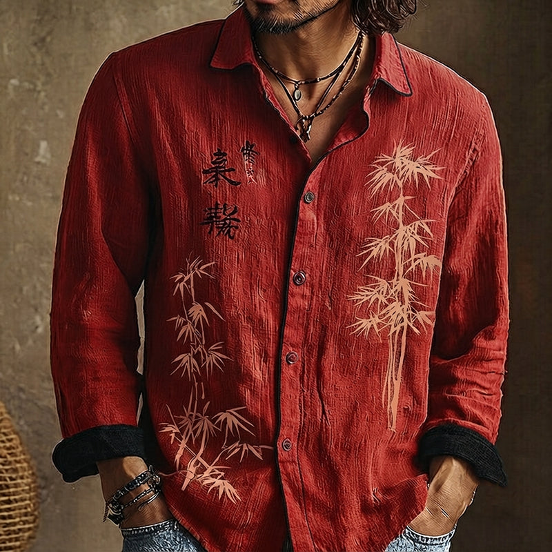 Men's long-sleeved shirt with bamboo artwork, calligraphy and contrast trim