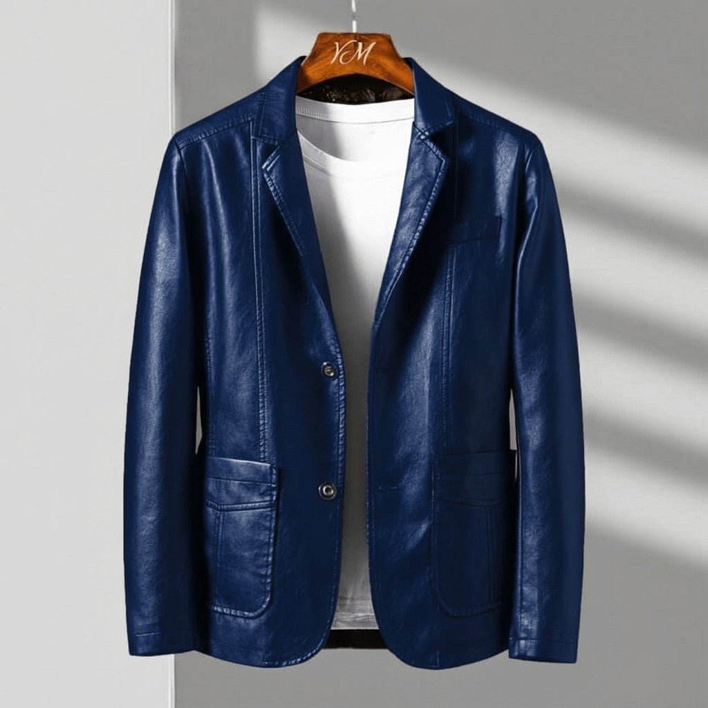 Men's structured leather jacket with notched collar, button front and patch pockets